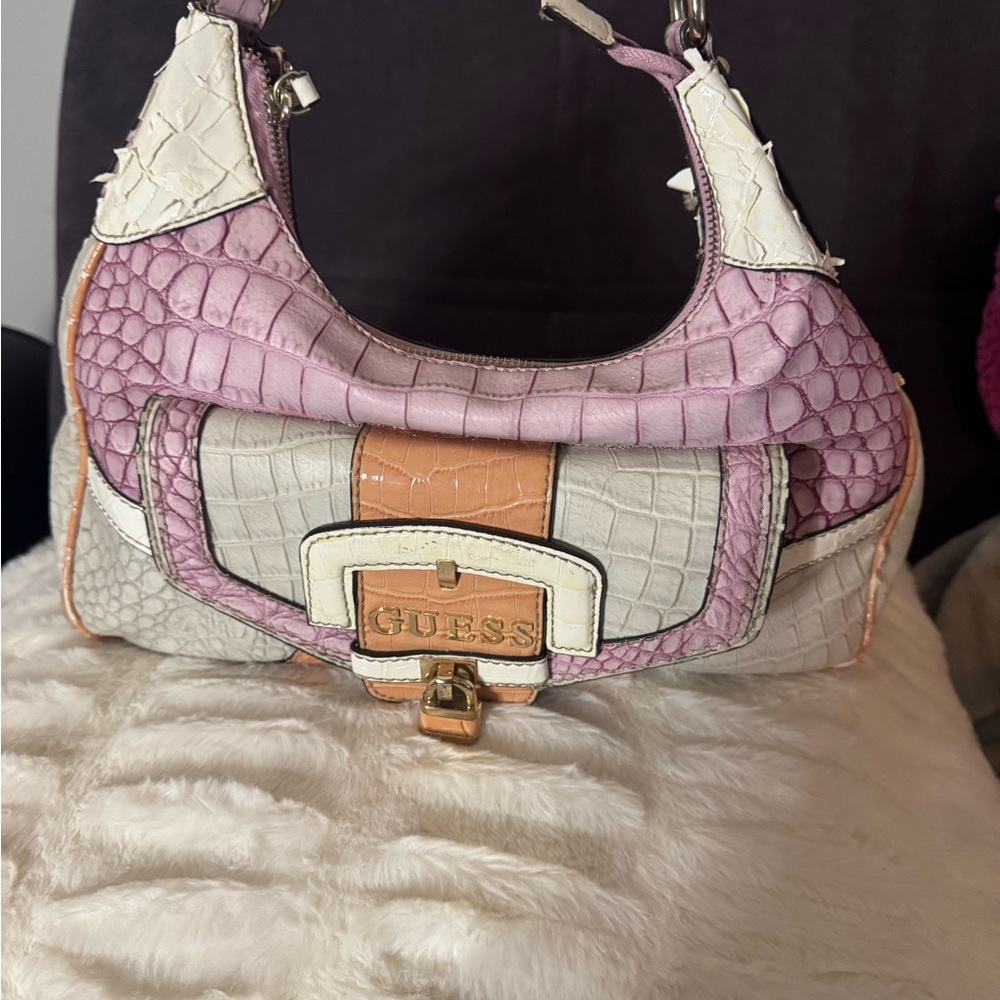 Guess Women's Pink and Cream Croc-Embossed Shoulder Bag